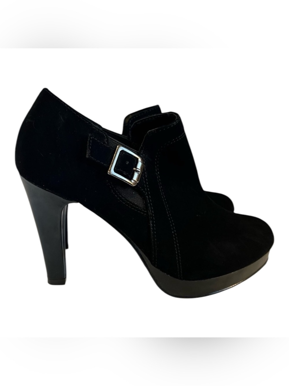 Fioni Black Ankle Bootie Heels Women’s Size 6.5 Faux Suede Platform Dress Shoes